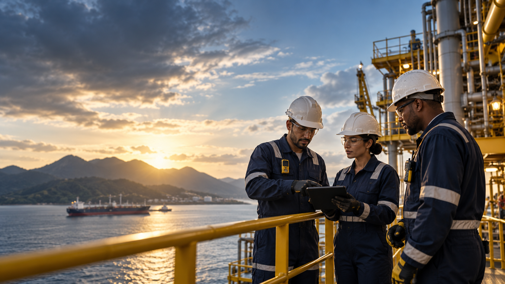 Energy professionals reviewing offshore operations